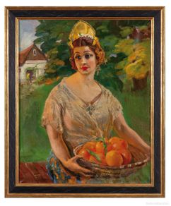 Arte: Valenciana con naranjas óleo sobre lienzo Carlos Vázquez Úbeda firmado principios del siglo XX